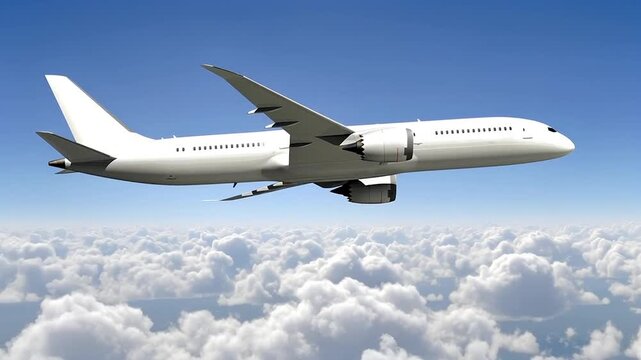 Low Angle View of Boeing 787 Passenger Jet Airplane Flying Underneath Wing and Engine, Cinematic Commercial Aircraft Movement Above White Clouds in Sunny Daylight Sky.