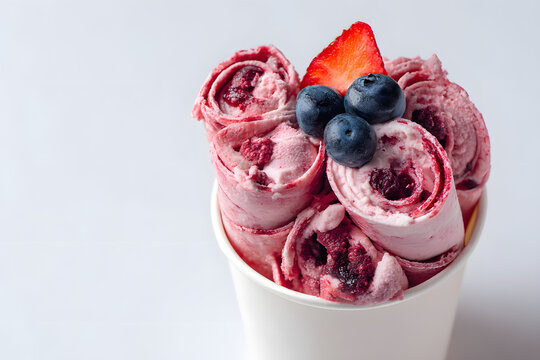 Cup Filled with Thick Rolled Ice Cream with Fresh Berries on White Background for Food Presentation and Design