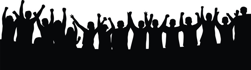 Silhouetted crowd of people with raised arms celebrates victory against a bright white background.