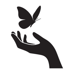Obraz premium butterfly landing on hand vector silhouette clip art logo design illustration. abstract butterfly landing icon collection