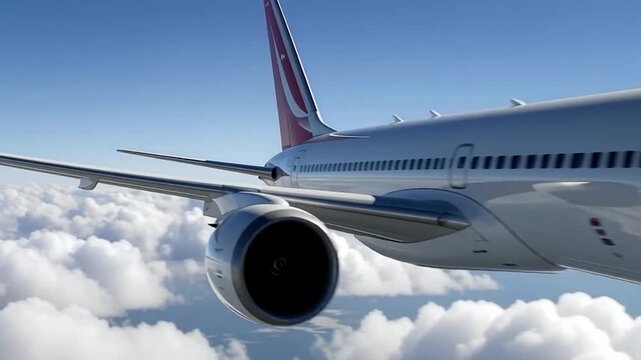 Close up detail of Boeing 787 commercial jet airplane engine and tail fin in flight, premium passenger aircraft soaring through bright sky, professional aviation photography for travel industry.