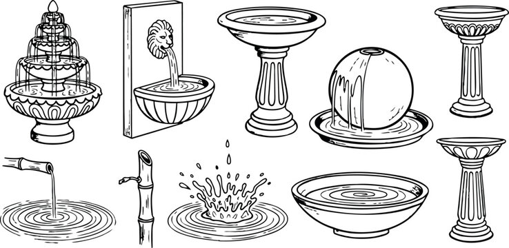 Black and white line art collection of decorative water fountains splash ripples and birdbaths in various classic styles detailed drawing set