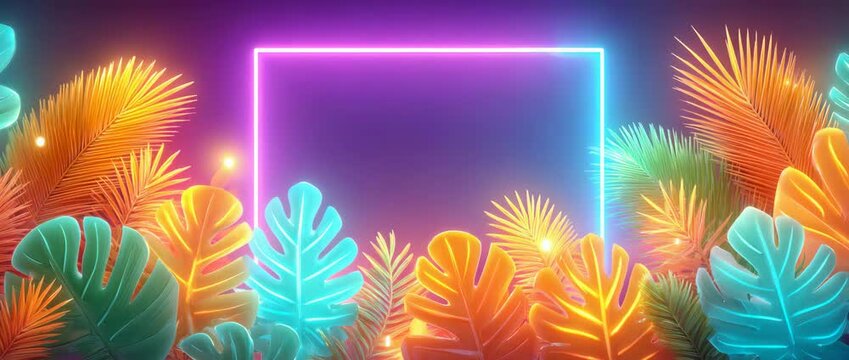 Glowing Neon Frame with Vibrant Colorful Tropical Leaves and Copy Space on Purple Background