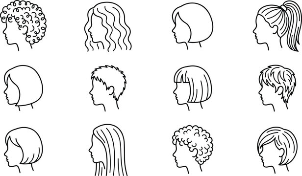 Black and White Side View Hairstyle Icons Featuring Diverse Haircuts, Textures, Lengths, and Styles for Fashion and Design