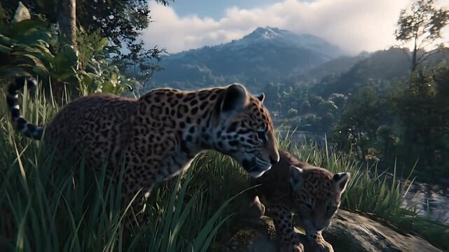 Mother leopard and cub standing together in lush mountainous landscape, captured in a serene wildlife video footage from a low angle viewpoint.