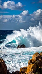 Turquoise waves crash onto rocks under a bright blue sky dotted with puffy white clouds on a sunny day