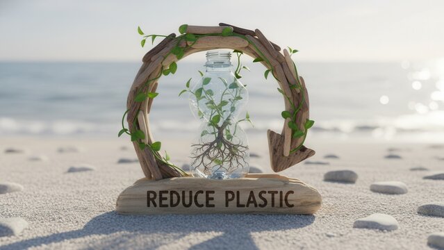 Environmental message on a beach highlighting the vital importance of plastic waste reduction