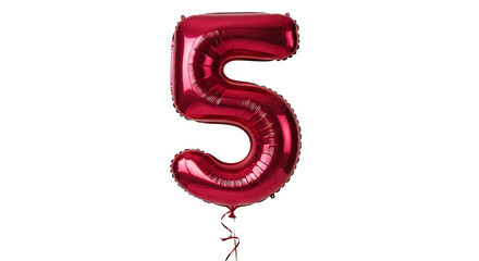 Fototapeta premium vibrant red metallic number five foil balloon reflecting light on a clean white background perfect for celebrating birthdays anniversaries.