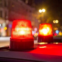 Two red and yellow emergency lights on a vehicle at night, blurred city street background