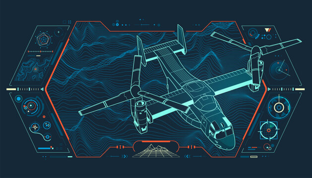 military airplane or aerial mapping technology, graphic of lined helicopter with topographic background and futuristic geographic interface