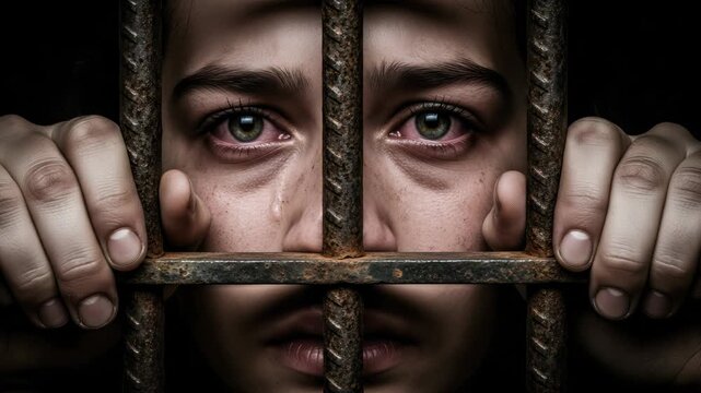 Close-up of a sad, crying face behind prison bars, conveying despair and confinement.