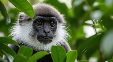 Obraz premium Rare Purple-faced Langur Monkey Peeking Through Lush Green Leaves Primate Discovery