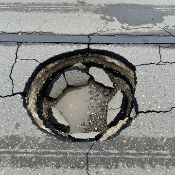 Cracked Asphalt Showing Dangerous Pothole Filled with Water on Roadway