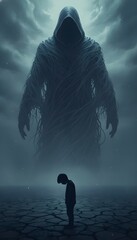 A dark silhouette with a child standing there.