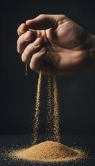 A hand that holds grains of sand and sprinkles them on the ground.