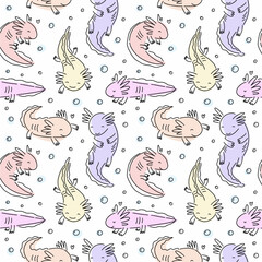 Vector seamless pattern of cute axolotl amphibians, hand drawn with line art in doodle style.