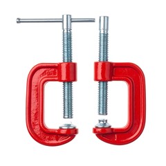 Two red C-clamps with silver screws sit against a white backdrop, tools for securing materials