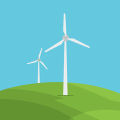 Fototapeta premium Two wind turbines stand against a clear blue sky, symbolizing renewable energy