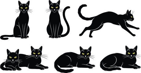 Elegant Black Cat Silhouette Vector Set Featuring Various Poses Including Sitting Jumping Stretching and Lying Down with Bright Yellow Eyes © Saila