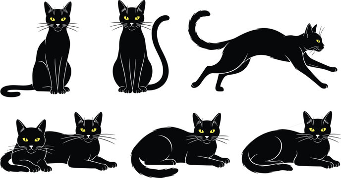 Elegant Black Cat Silhouette Vector Set Featuring Various Poses Including Sitting Jumping Stretching and Lying Down with Bright Yellow Eyes