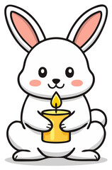 Fototapeta premium Cute cartoon white bunny holding a lit yellow candle with a warm glow