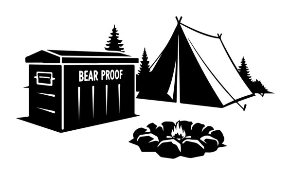 Bear-Proof Camping Storage and Tent Silhouette Vector Illustration