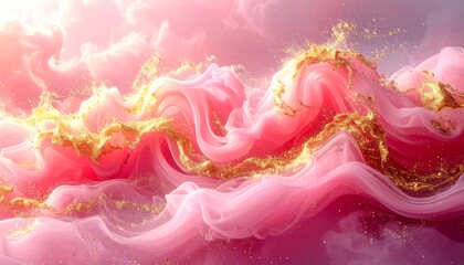 A vibrant, flowing abstract of pink and gold, resembling smoke or clouds. Light illuminates the delicate textures
