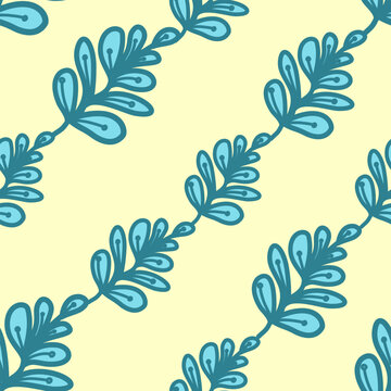  Seamless botanical pattern featuring stylized blue leaves arranged in a repeating diagonal composition on a soft neutral background. This elegant floral ornament design is ideal for textile printing,