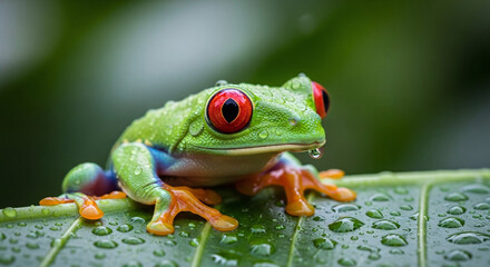 Naklejka premium Vibrant Red-eyed Tree Frog Perched on a Lush Green Leaf Covered in Sparkling Rain Water Droplets