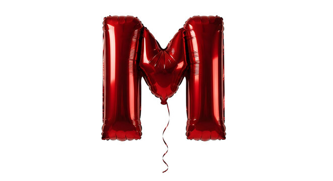 a vibrant red foil letter m balloon perfect for festive decorations parties anniversaries or celebrating initial names isolated on a clean white background.