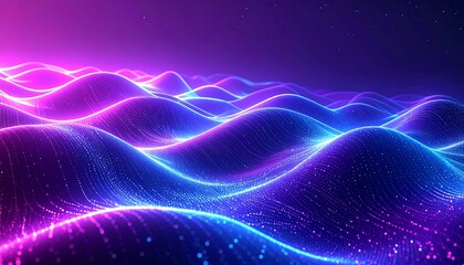 A vibrant, flowing abstract scene with neon-colored waves, reflecting a beautiful gradient from purple to cyan hues