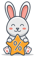 Obraz premium Cute bunny with star-shaped discount symbol, smiling and happy.