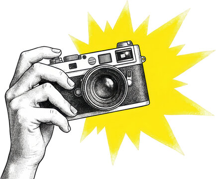 Hand holding a vintage camera with a bright yellow explosion graphic element behind it detailed illustration photography retro film capture image lens manual classic analog