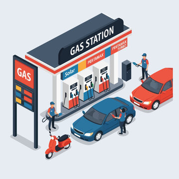 Isometric Gas Station with Vehicles and Attendants.