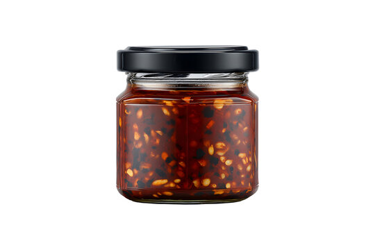 Salsa macha chili oil in glass jar, isolated on transparent background
