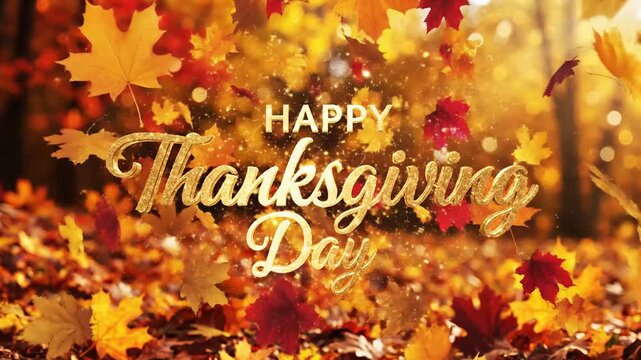 Happy Thanksgiving Day Autumn Leaves Falling Golden Text Celebration Greeting