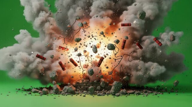Explosion with Dynamite Sticks, Debris, Smoke, and Fire on Green Screen