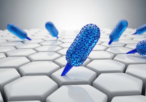 Intricate digital illustration of bacteria colonizing a modern hexagonal surface grid