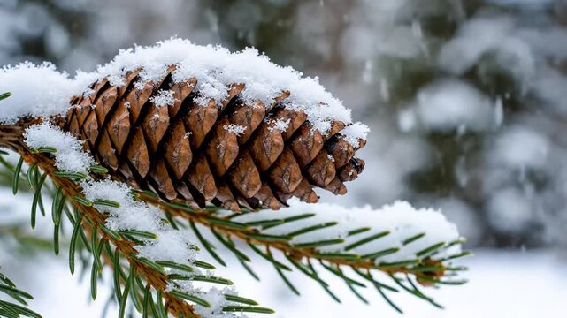 A close-up image of a pine cone covered in fresh snow, captured with a blurred snowy background