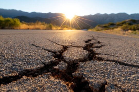 Cracked Highway Surface After Earthquake with Dust and Sunrise in Background