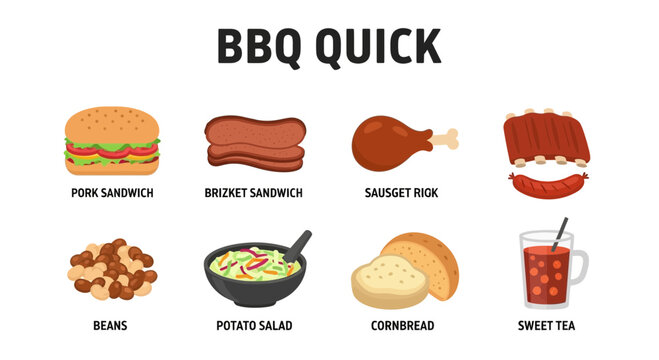 Eight BBQ food and drink items displayed in two rows against a white background