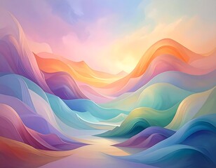 A vibrant, flowing landscape with layered, stylized mountains in shades of purple, blue, green, orange, and yellow under a cloudy sky