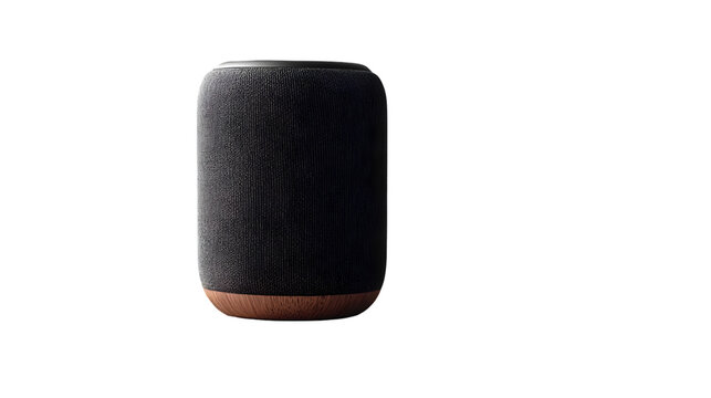 Black wireless bluetooth speaker with brown base isolated on white background