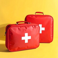 Two red first aid kits with white crosses on a bright yellow background, one smaller, one larger