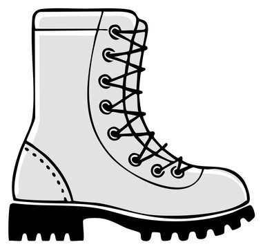 Grey leather combat boot with black sole and laces, rugged footwear design, simple illustration