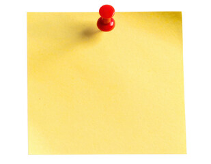 Blank yellow sticky note with a red push pin or thumbtack at the top. Isolated on transparent background