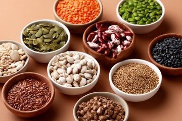 Colorful Arrangement of Various Superfoods and Seeds in Warm Background