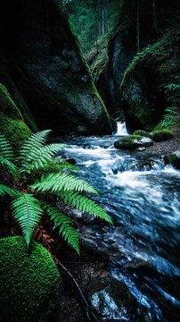 Serene Forest Stream with Ferns and Rocks.