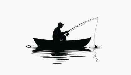 silhouette of a man fishing Man Fishing from Boat with Rod on Water Vector Illustration