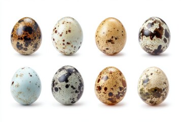 Obraz premium Assorted Quail Eggs Displayed White Background Various Speckled Patterns and Colors